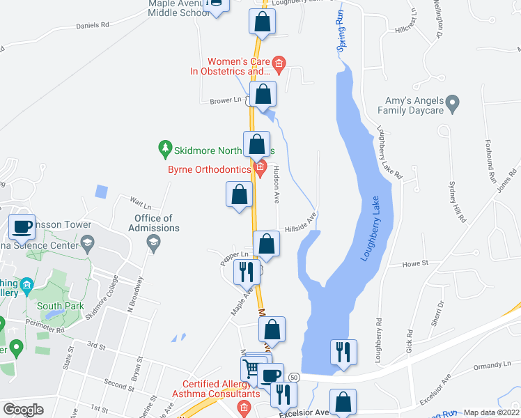 map of restaurants, bars, coffee shops, grocery stores, and more near 440 Maple Avenue in Saratoga Springs