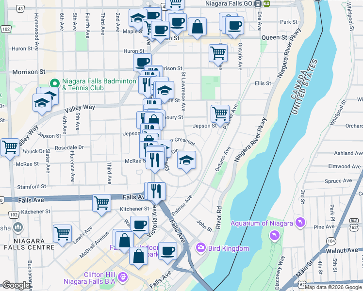 map of restaurants, bars, coffee shops, grocery stores, and more near 5163 Saint Lawrence Avenue in Niagara Falls
