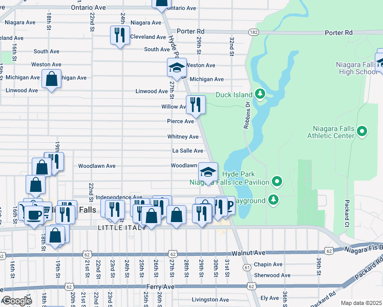 map of restaurants, bars, coffee shops, grocery stores, and more near 2743 La Salle Avenue in Niagara Falls