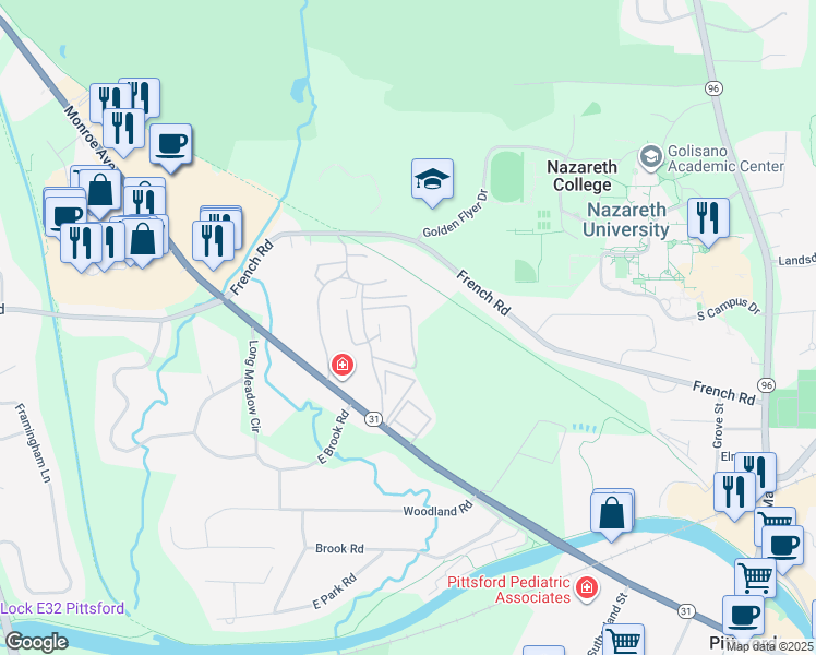 map of restaurants, bars, coffee shops, grocery stores, and more near 184 Brittany Lane in Pittsford