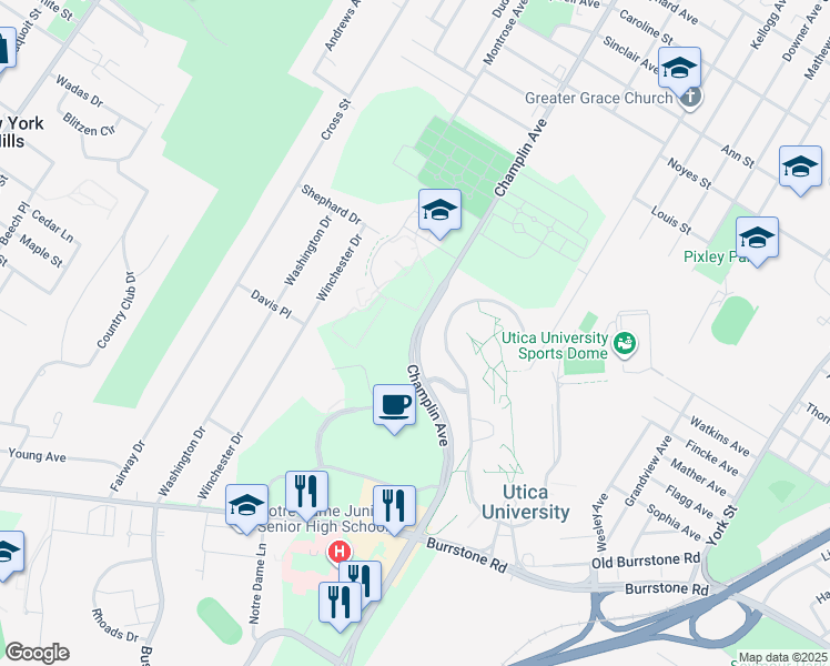 map of restaurants, bars, coffee shops, grocery stores, and more near 1634 Champlin Avenue in New Hartford