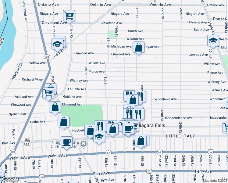 map of restaurants, bars, coffee shops, grocery stores, and more near 1529 La Salle Avenue in Niagara Falls