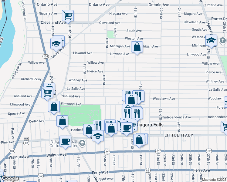 map of restaurants, bars, coffee shops, grocery stores, and more near 1533 La Salle Avenue in Niagara Falls