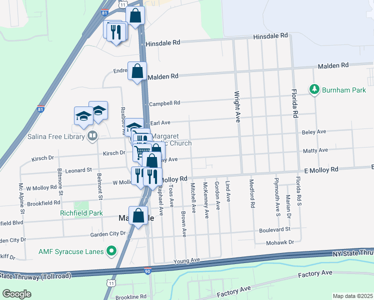 map of restaurants, bars, coffee shops, grocery stores, and more near 203 Matty Avenue in Mattydale