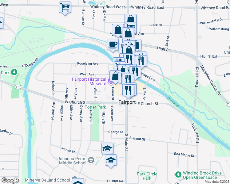 map of restaurants, bars, coffee shops, grocery stores, and more near 37 Perrin Street in Fairport