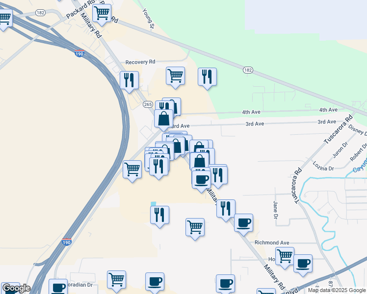 map of restaurants, bars, coffee shops, grocery stores, and more near 2057 Military Road in Niagara Falls
