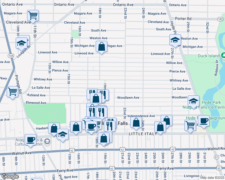 map of restaurants, bars, coffee shops, grocery stores, and more near 1116 20th Street in Niagara Falls
