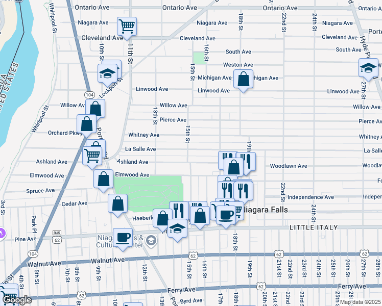 map of restaurants, bars, coffee shops, grocery stores, and more near 1109 15th Street in Niagara Falls