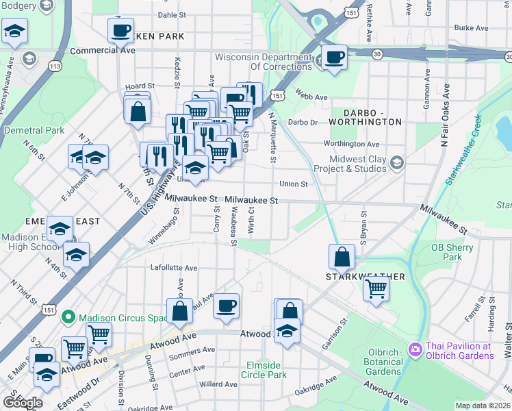 map of restaurants, bars, coffee shops, grocery stores, and more near 14 Wirth Court in Madison
