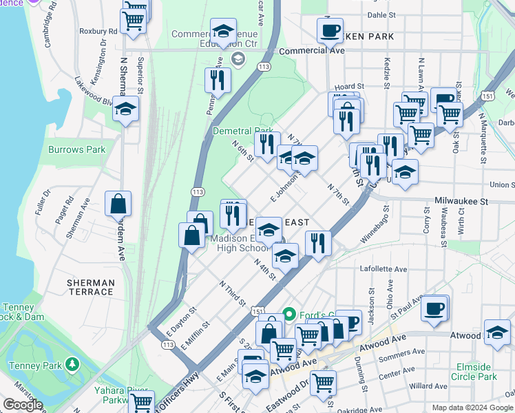map of restaurants, bars, coffee shops, grocery stores, and more near 2309 East Johnson Street in Madison