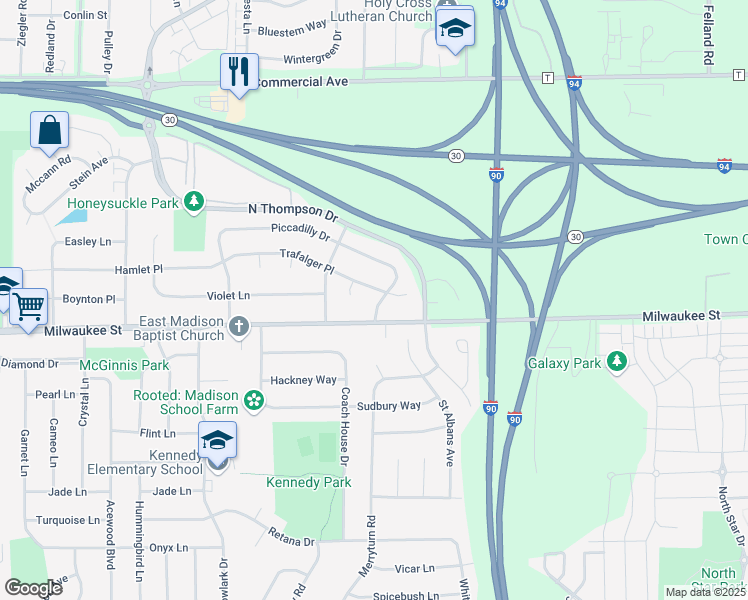 map of restaurants, bars, coffee shops, grocery stores, and more near 10 Andrew Way in Madison