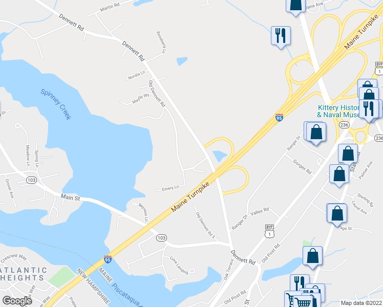 map of restaurants, bars, coffee shops, grocery stores, and more near 60a Old Dennett Road in Kittery