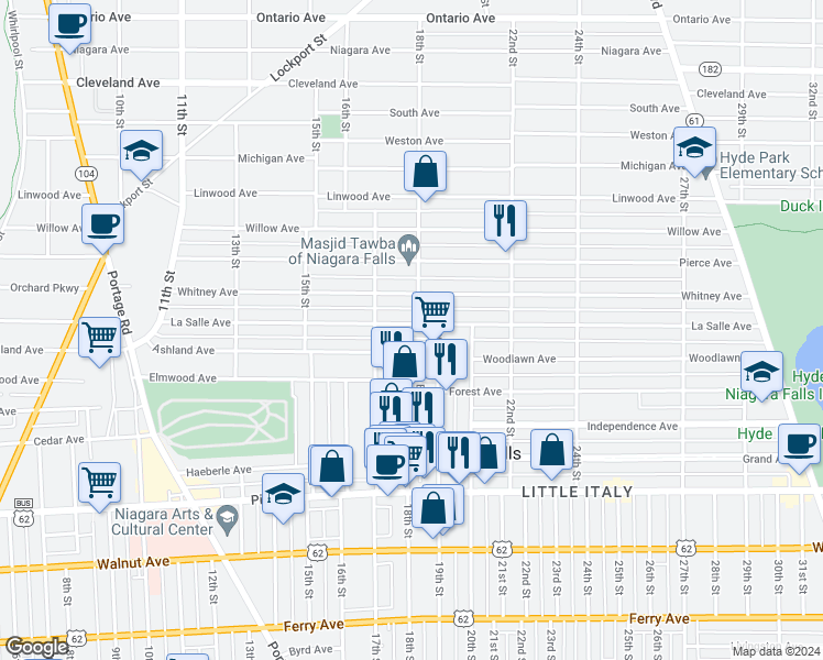 map of restaurants, bars, coffee shops, grocery stores, and more near 1735 La Salle Avenue in Niagara Falls