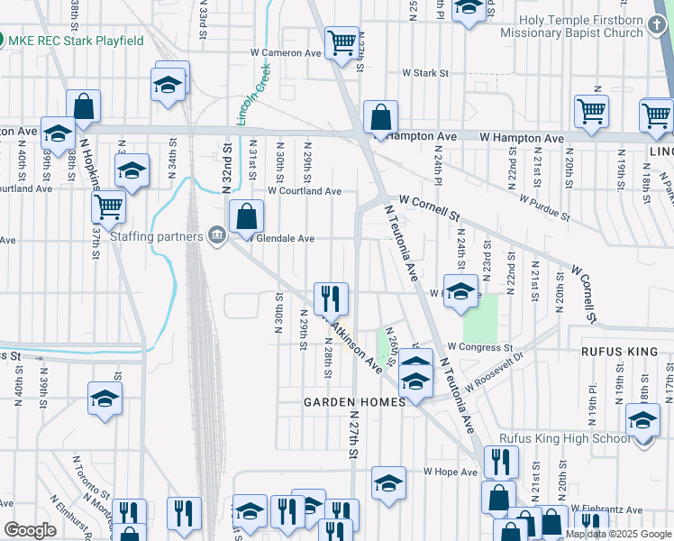 map of restaurants, bars, coffee shops, grocery stores, and more near 4530 North 28th Street in Milwaukee
