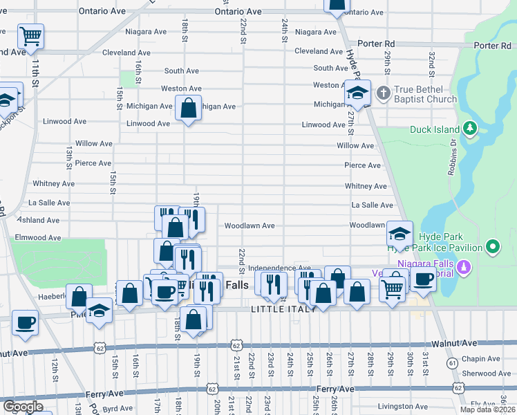 map of restaurants, bars, coffee shops, grocery stores, and more near 2215 La Salle Avenue in Niagara Falls