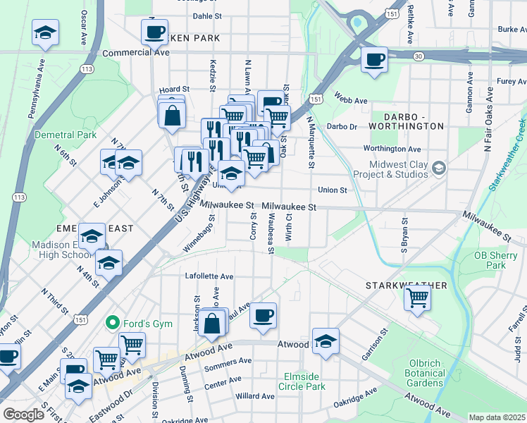 map of restaurants, bars, coffee shops, grocery stores, and more near 13 Corry Street in Madison