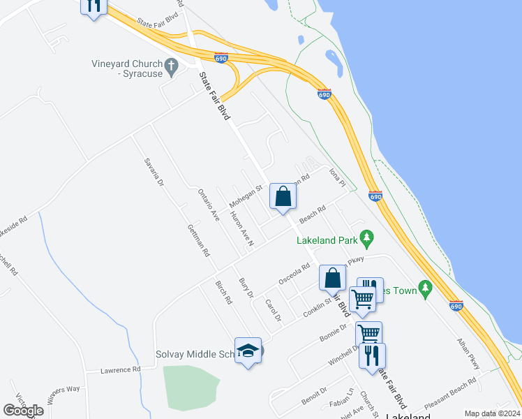 map of restaurants, bars, coffee shops, grocery stores, and more near 111 Cowan Avenue North in Syracuse