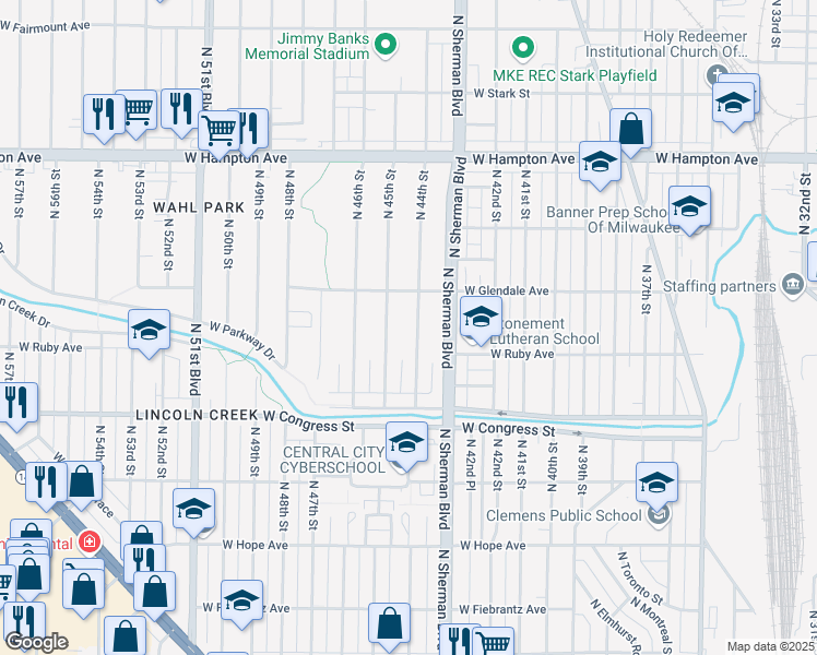 map of restaurants, bars, coffee shops, grocery stores, and more near 4533 North 44th Street in Milwaukee