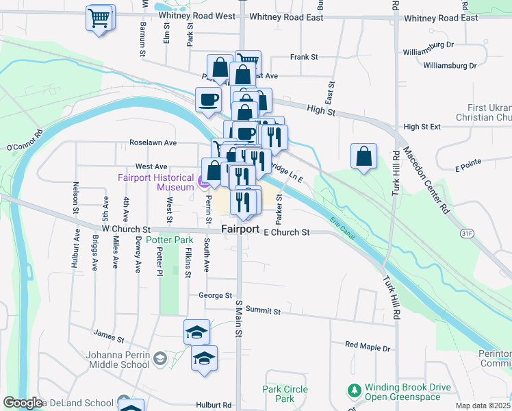 map of restaurants, bars, coffee shops, grocery stores, and more near 11 Pleasant Street in Fairport