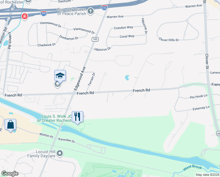 map of restaurants, bars, coffee shops, grocery stores, and more near 468 French Road in Rochester