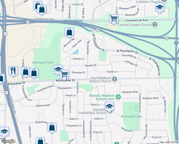 map of restaurants, bars, coffee shops, grocery stores, and more near 5 Swanton Road in Madison