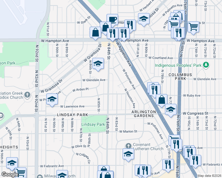 map of restaurants, bars, coffee shops, grocery stores, and more near 4520 North 84th Street in Milwaukee