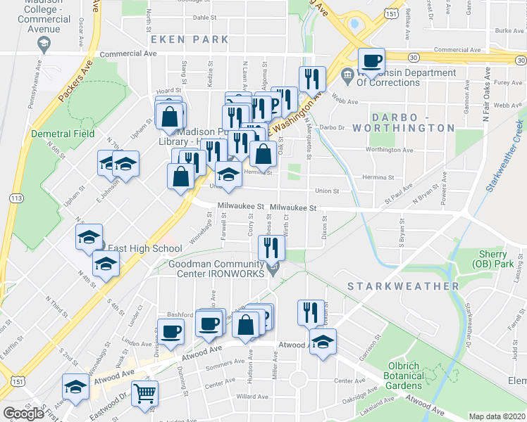 map of restaurants, bars, coffee shops, grocery stores, and more near 2719 Milwaukee Street in Madison