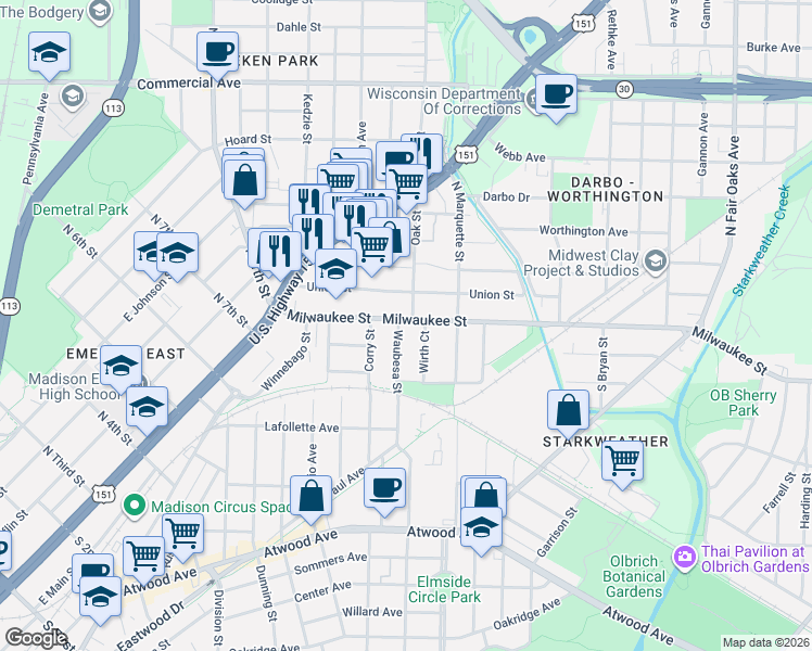 map of restaurants, bars, coffee shops, grocery stores, and more near 14 Wirth Court in Madison