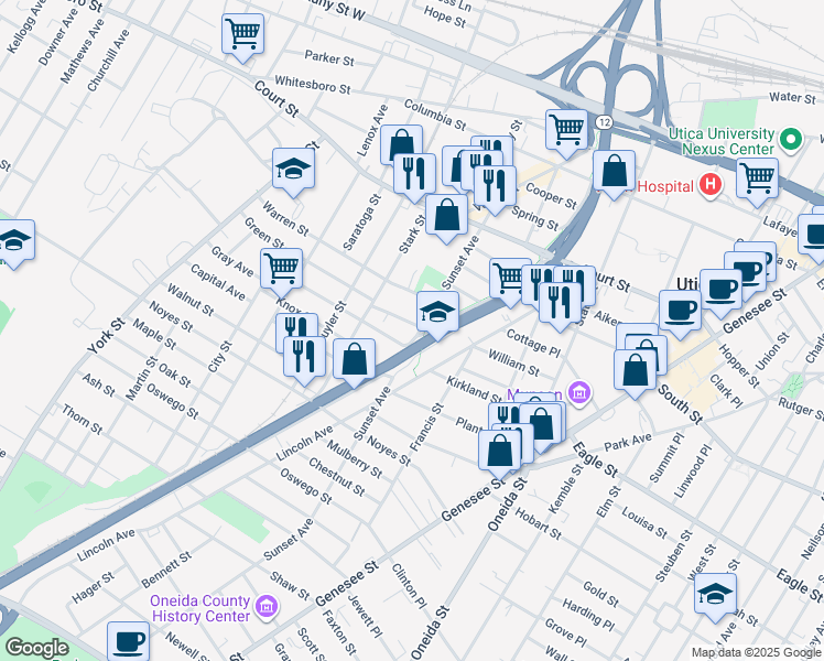 map of restaurants, bars, coffee shops, grocery stores, and more near North-South Arterial Highway in Utica