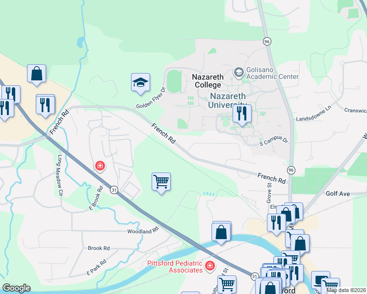 map of restaurants, bars, coffee shops, grocery stores, and more near 80 French Road in Rochester