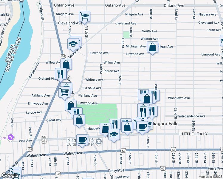 map of restaurants, bars, coffee shops, grocery stores, and more near 1336 Ashland Avenue in Niagara Falls