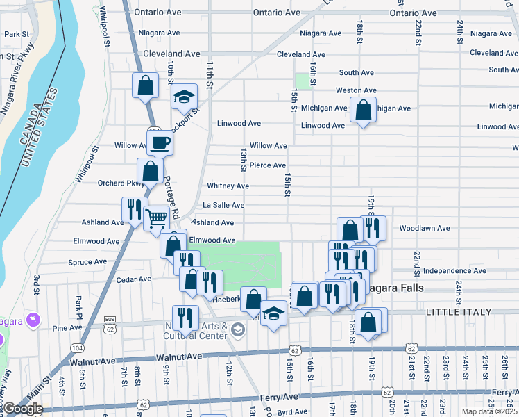 map of restaurants, bars, coffee shops, grocery stores, and more near 1336 Ashland Avenue in Niagara Falls