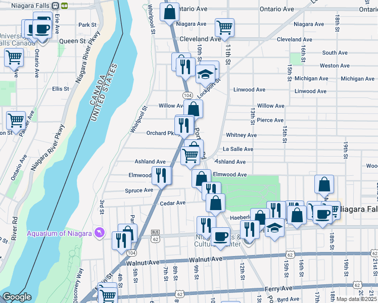 map of restaurants, bars, coffee shops, grocery stores, and more near 1113 Main Street in Niagara Falls