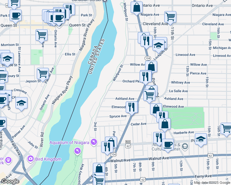 map of restaurants, bars, coffee shops, grocery stores, and more near 628 Ashland Avenue in Niagara Falls