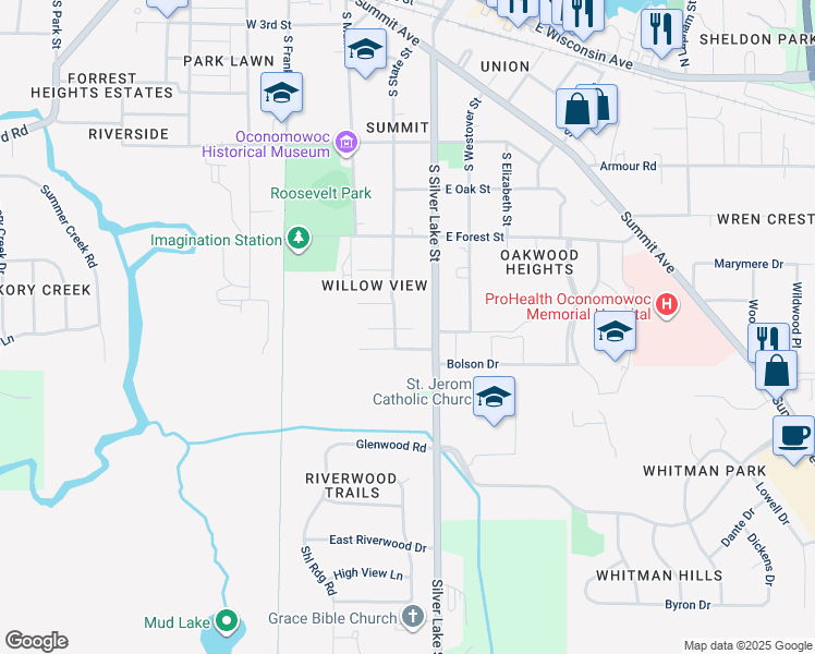 map of restaurants, bars, coffee shops, grocery stores, and more near 208 Oconomowoc Square in Oconomowoc
