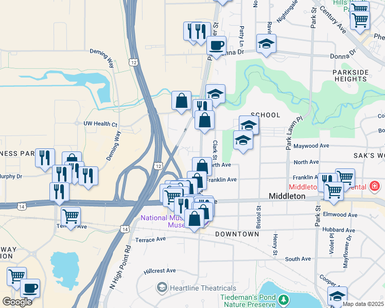 map of restaurants, bars, coffee shops, grocery stores, and more near 2212 Parmenter Street in Middleton