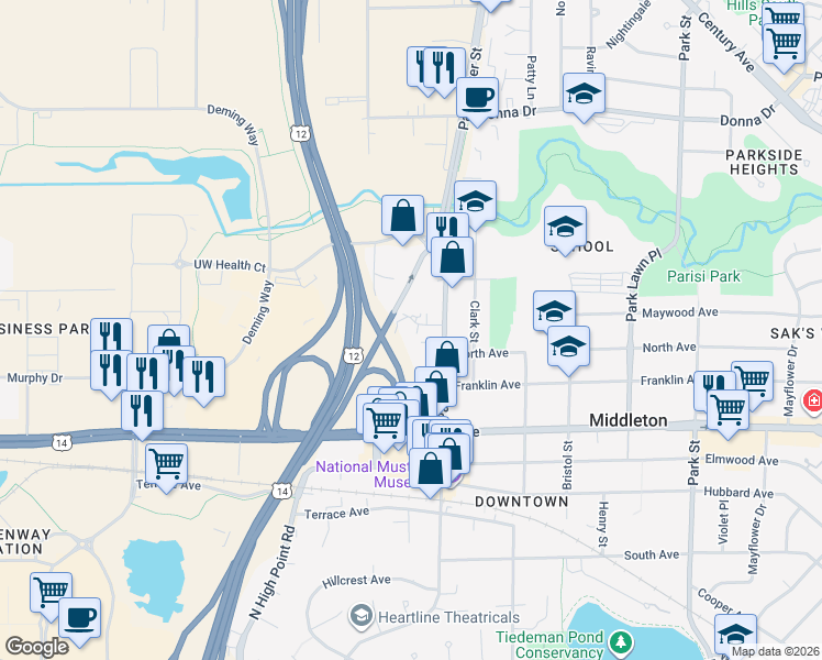 map of restaurants, bars, coffee shops, grocery stores, and more near 2212 Parmenter Street in Middleton