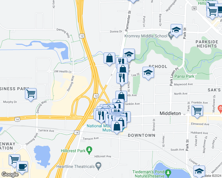 map of restaurants, bars, coffee shops, grocery stores, and more near 7515 Rohlich Court in Middleton