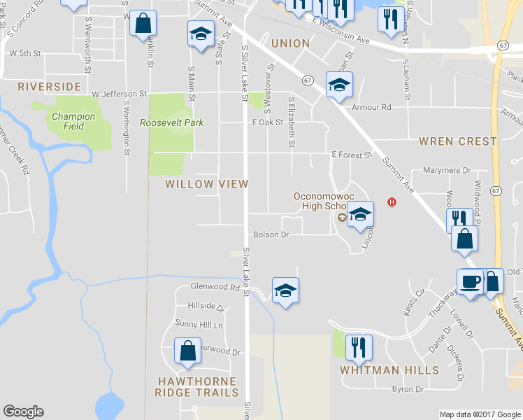 map of restaurants, bars, coffee shops, grocery stores, and more near 920 Frederick Court in Oconomowoc