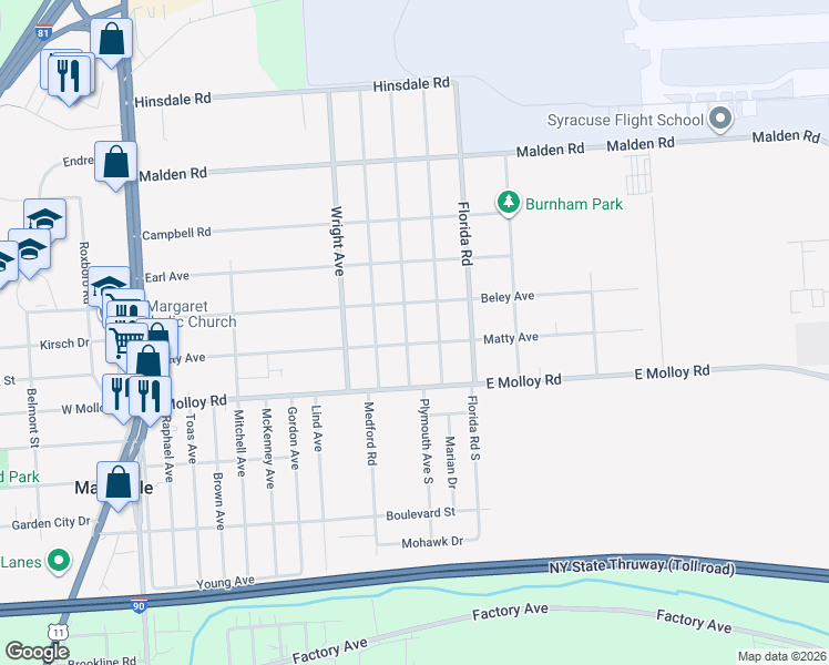 map of restaurants, bars, coffee shops, grocery stores, and more near 201 Plymouth Avenue in Mattydale
