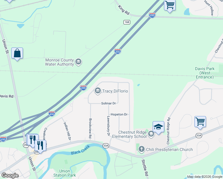 map of restaurants, bars, coffee shops, grocery stores, and more near 36 Solmar Drive in Rochester