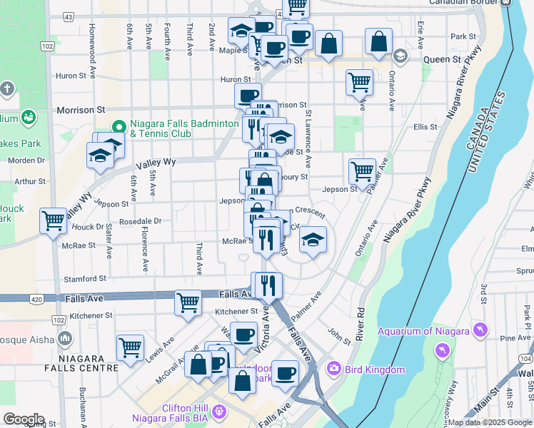 map of restaurants, bars, coffee shops, grocery stores, and more near 5146 Victoria Avenue in Niagara Falls