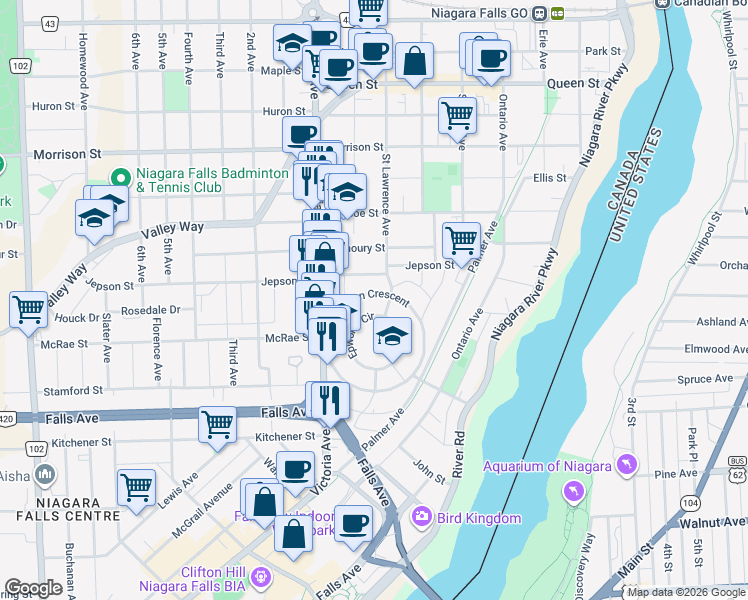 map of restaurants, bars, coffee shops, grocery stores, and more near in Niagara Falls