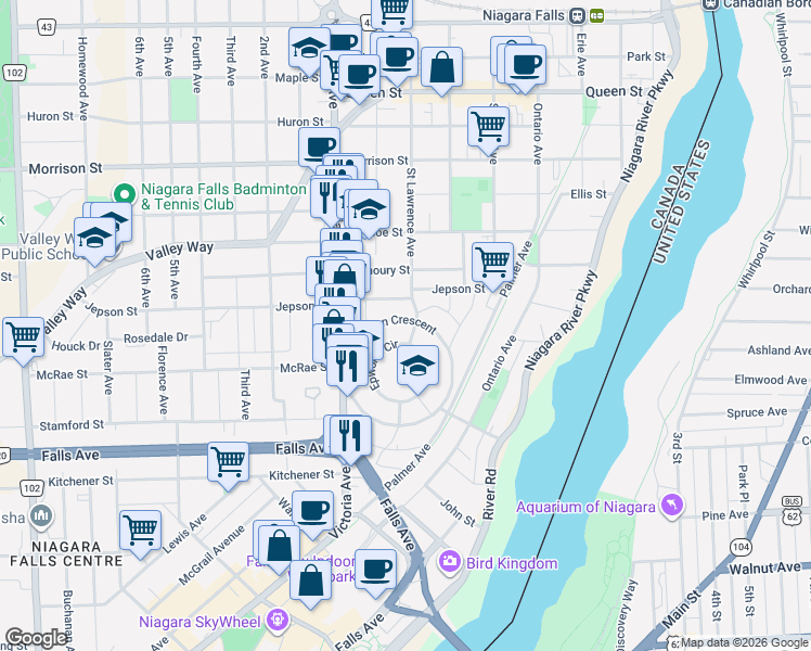 map of restaurants, bars, coffee shops, grocery stores, and more near 4674 Ryerson Crescent in Niagara Falls