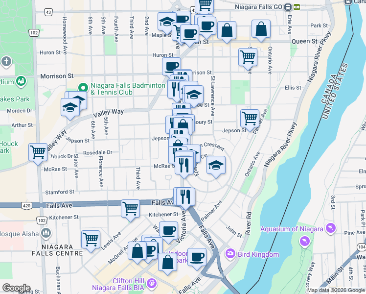map of restaurants, bars, coffee shops, grocery stores, and more near 5144 Victoria Avenue in Niagara Falls