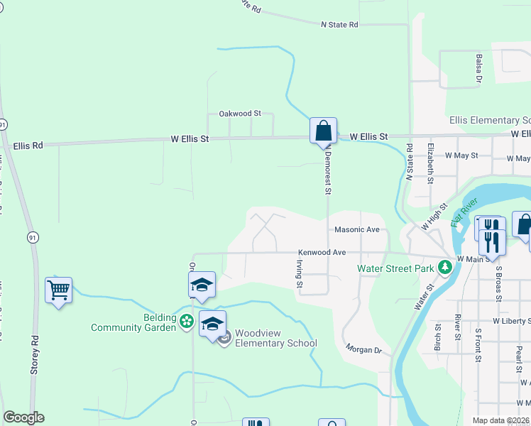 map of restaurants, bars, coffee shops, grocery stores, and more near 112 Jacklyn Street in Belding