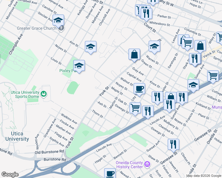 map of restaurants, bars, coffee shops, grocery stores, and more near 1314 Oak Street in Utica