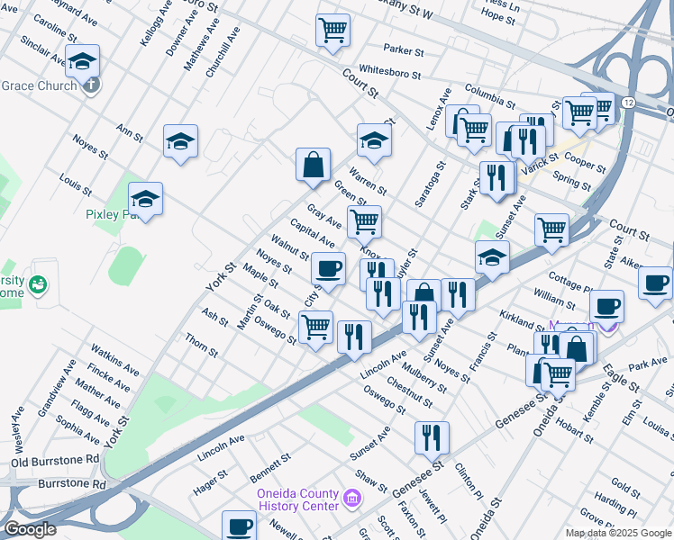 map of restaurants, bars, coffee shops, grocery stores, and more near 1305 City Street in Utica