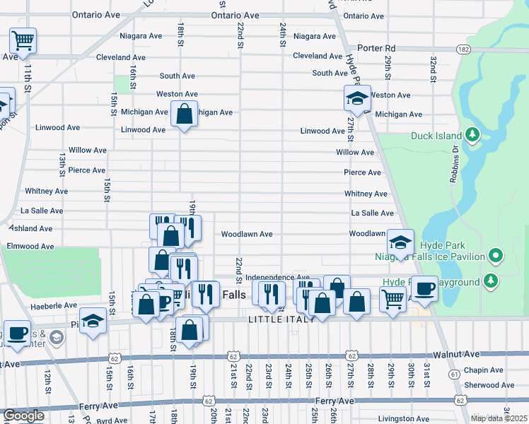 map of restaurants, bars, coffee shops, grocery stores, and more near 2219 La Salle Avenue in Niagara Falls