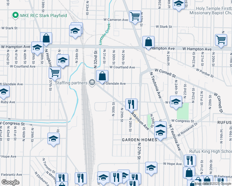 map of restaurants, bars, coffee shops, grocery stores, and more near 4521 North 29th Street in Milwaukee